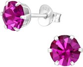 Joy|S - Zilveren oorknoppen - rond 6 mm - kristal fuchsia roze - oorbellen