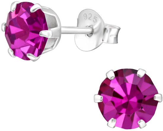 Joy|S - Zilveren oorknoppen - rond 6 mm - kristal fuchsia roze - oorbellen