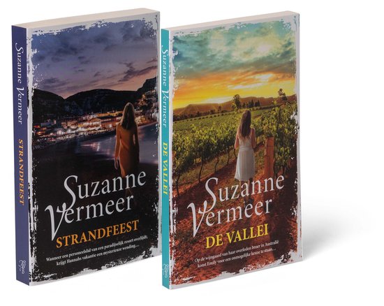 Twee boeken van Suzanne Vermeer. Strandfeest met avondlandschap en een vrouw. De Vallei met zonsondergang, wijngaard en vrouw.