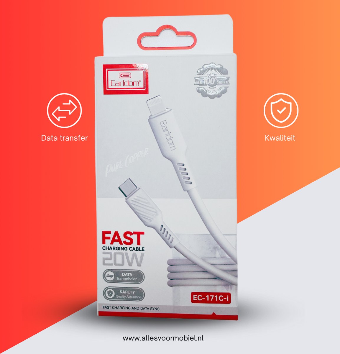 Earldom EC-171C-i 1 Meter Lightning Snellaadkabel voor iPhone en iPad met 20W USB-C Adapter - Geschikt voor iPhone 14, 13, 12, 11, X en iPad-modellen