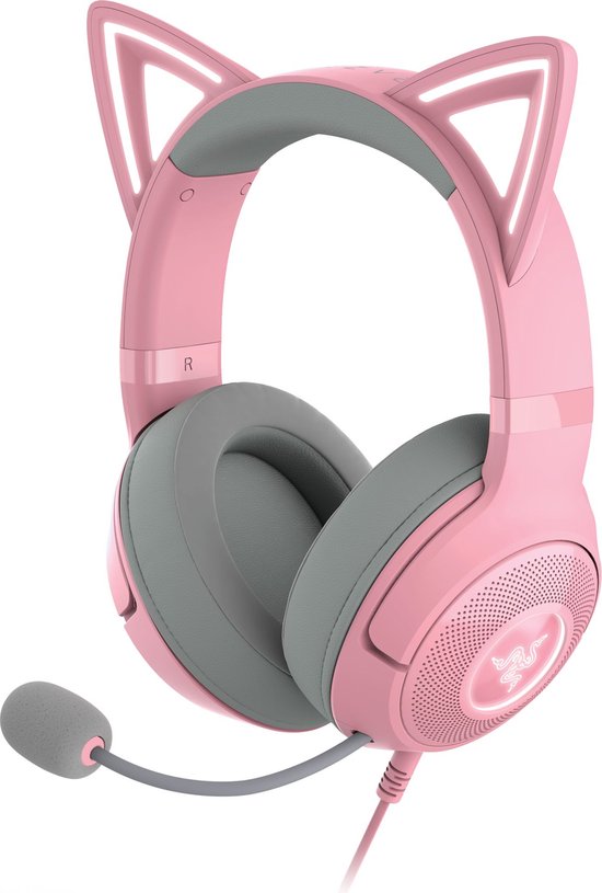 Roze gaming headset met kattenoren, microfoon en grijze oorkussens.