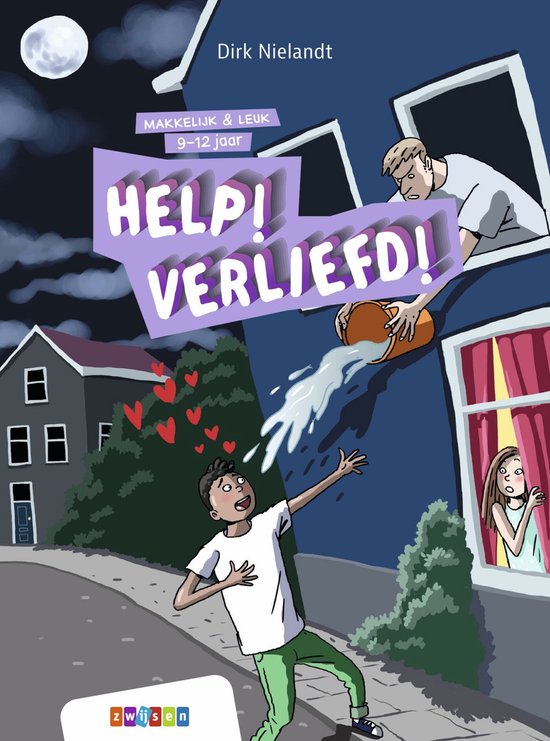 Boekcover van 'Help! Verliefd!', met een jongen die water uit een emmer krijgt, en een meisje dat uit een raam kijkt.