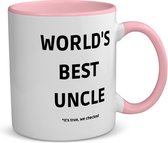 Akyol - world's best uncle it's true we checked koffiemok - theemok - roze - Oom - werelds beste oom - verjaardag - cadeautje voor oom - oom artikelen - kado - geschenk - 350 ML inhoud