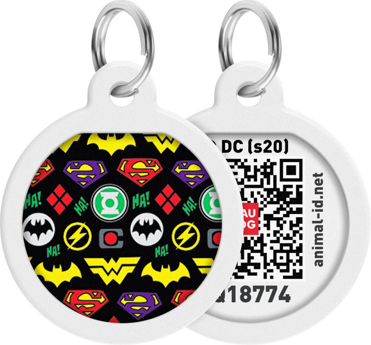 WAUDOG Superheroes Logomania QR Pet Tag / Hondenpenning - Stainless steel - 25 mm - Multi-color - Gratis App - WAUDOG