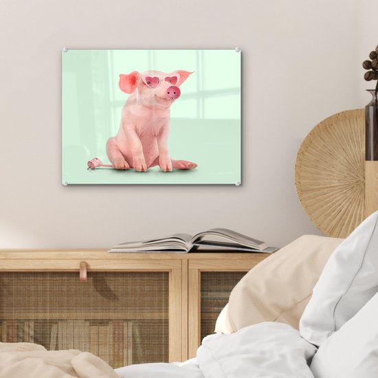 MuchoWow® Peinture sur verre 40x30 cm - Peinture sur verre acrylique - Cochon - Rose - Lunettes - Prise - Animaux - Photo sur verre - Peintures