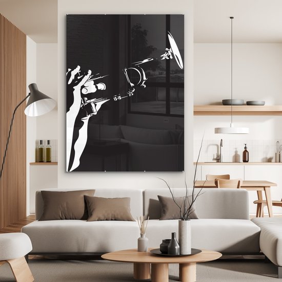 MuchoWow® Peinture sur verre 120x160 cm - Peinture sur verre acrylique - Illustration d'une trompette tenue en noir et blanc - Photo sur verre - Peintures
