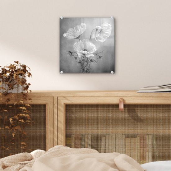 MuchoWow® Peinture sur verre 20x20 cm - Peinture sur verre acrylique - Nature morte - Fleurs - Zwart et blanc - Coquelicot - Botanique - Photo sur verre - Décoration murale salon - Décoration murale chambre - Peintures
