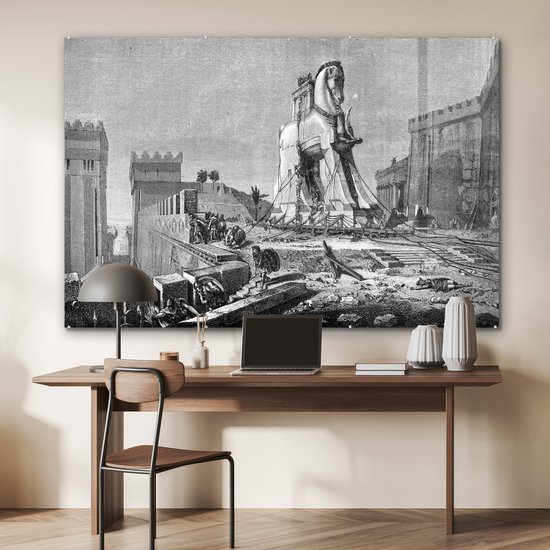 MuchoWow® Peinture sur verre 150x100 cm - Peinture sur verre acrylique - Une illustration antique en noir et blanc du cheval de Troie - Photo sur verre - Peintures