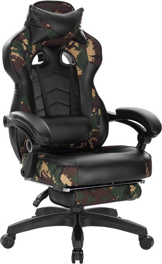 BukkitBow - Racing Lederen Gaming Stoel met Rug/Nekkussen en Voetensteun (45-52CM Hoog) - Camouflage