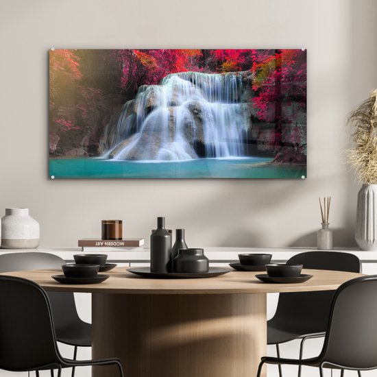 Glasschilderij - Acrylplaat - Waterval - Japanse esdoorn - Rood - Water - Foto op glas - Acrylglas - Glazen schilderij - Kamer decoratie - 80x40 cm - Wanddecoratie