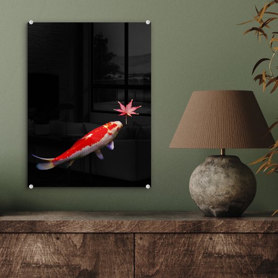 Peinture sur verre - Une carpe koï avec un étang sombre feuille d'érable - 30x40 cm - Peintures sur Verre Peintures - Photo sur Glas