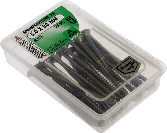 Boîte de 25 vis Deltafix R.V.S. pour panneaux agglomérés de 5.0 x 80 mm.
