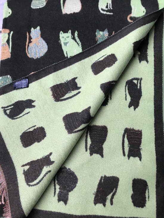 Warme sjaal dames met leuke vrolijke katten -Zacht-Trendy-Winter-20% wol 80% viscose-Donkerbruin met Groen-Tweezijdig draagbaar