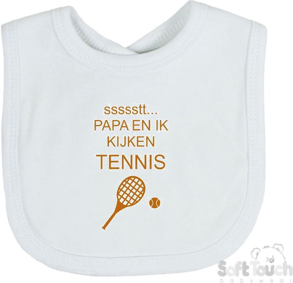 Goedkoopste Soft Touch Slabber Slabbetje Slab ssssstt... Papa en ik kijken tennis Unisex Katoen Wit/tan Maat 33x22 Cm