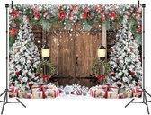 Toile de fond de Noël d'hiver 2,1 x 1,5 m, porte en bois de grange rustique, toile de fond Photographie de Noël , arbre de Noël, cadeau de neige, décoration de fête de vacances en famille Enfants et adultes