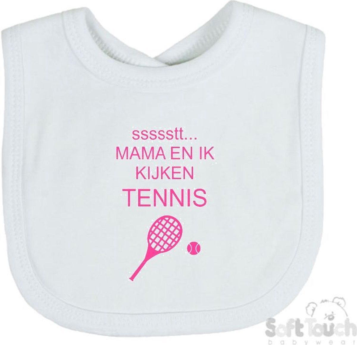 Goedkoopste Soft Touch Slabber Slabbetje Slab ssssstt... Mama en ik kijken tennis Unisex Katoen Wit/roze Maat 33x22 Cm
