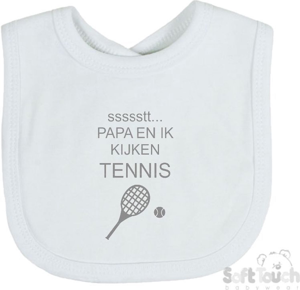 Goedkoopste Soft Touch Slabber Slabbetje Slab ssssstt... Papa en ik kijken tennis Unisex Katoen Wit/grijs Maat 33x22 Cm