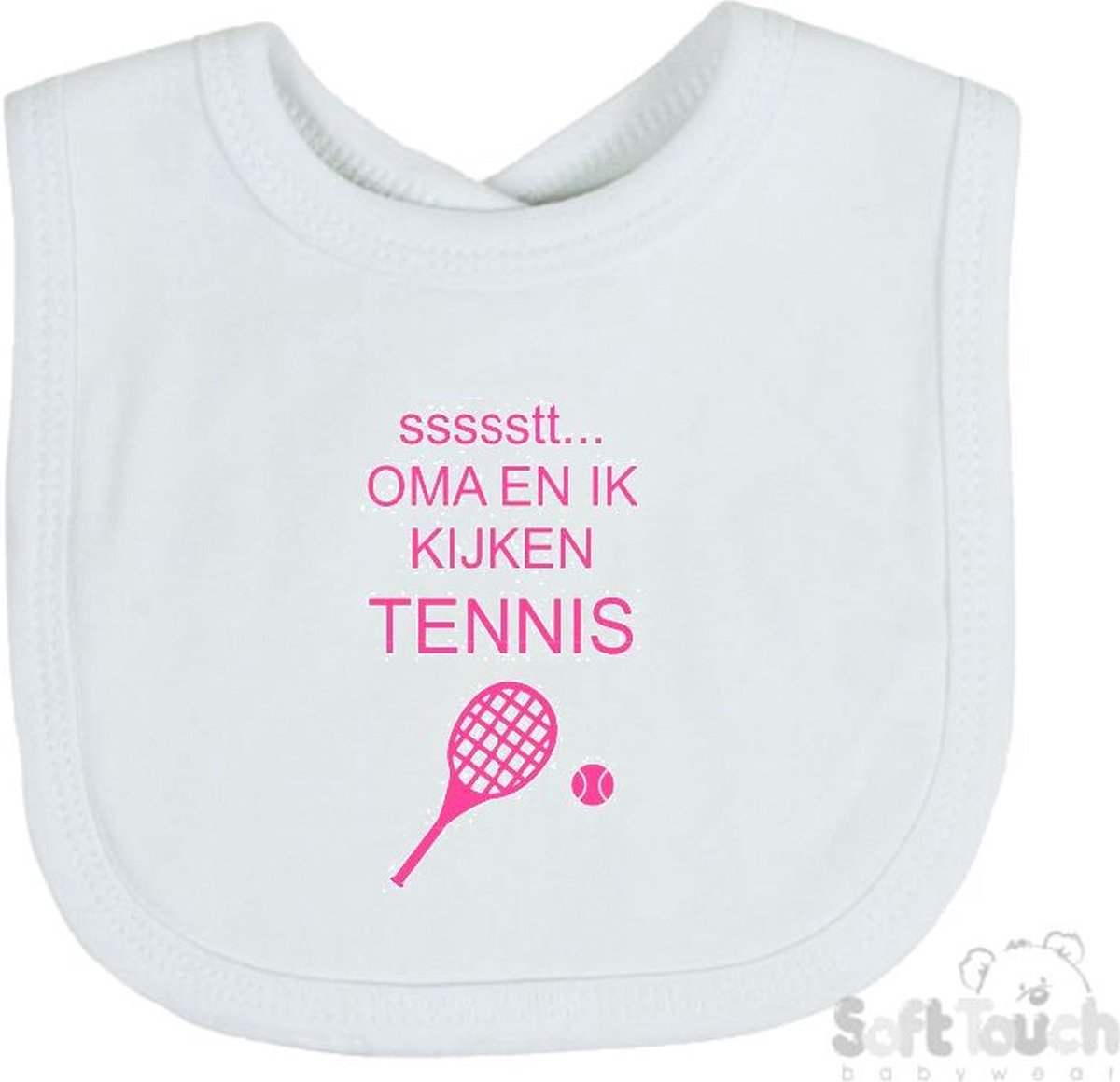 Goedkoopste Soft Touch Slabber Slabbetje Slab ssssstt... Oma en ik kijken tennis Unisex Katoen Wit/roze Maat 33x22 Cm