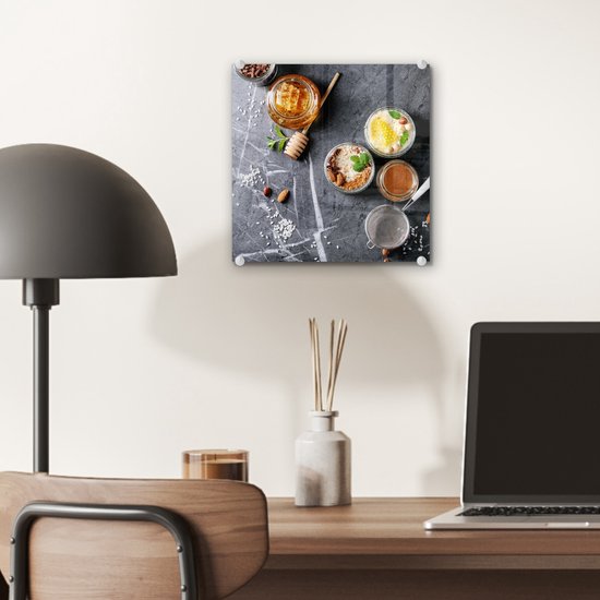 MuchoWow® Peinture sur Verre - Miel - Épices - Cuisine - Marbre - 20x20 cm - Peintures sur Verre Acrylique - Photo sur Glas