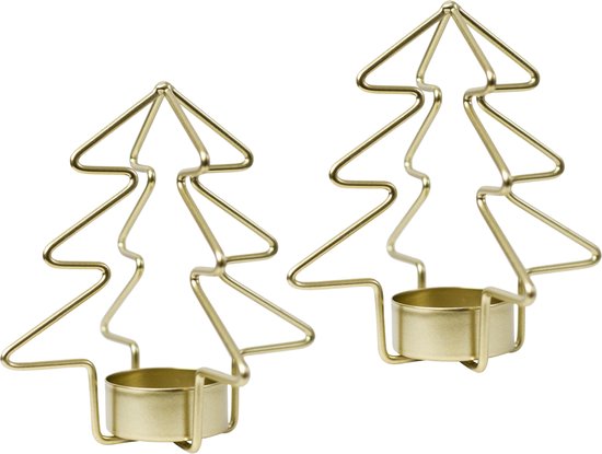 ZEZ Waxinekaarshouder - Kaarsenhouder - Kerstboom - Set van 2 - Goud - Kerstmis - Kerstversiering - Sfeerverlichting - Luxe Geschenk - Woonaccessoires