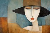 JJ-Art (Toile) 150x100 | Femme avec chapeau, minimalisme moderne, abstrait, art | humain, portrait, bleu marron, orange, blanc | Impression sur toile Photo-Painting (décoration murale)