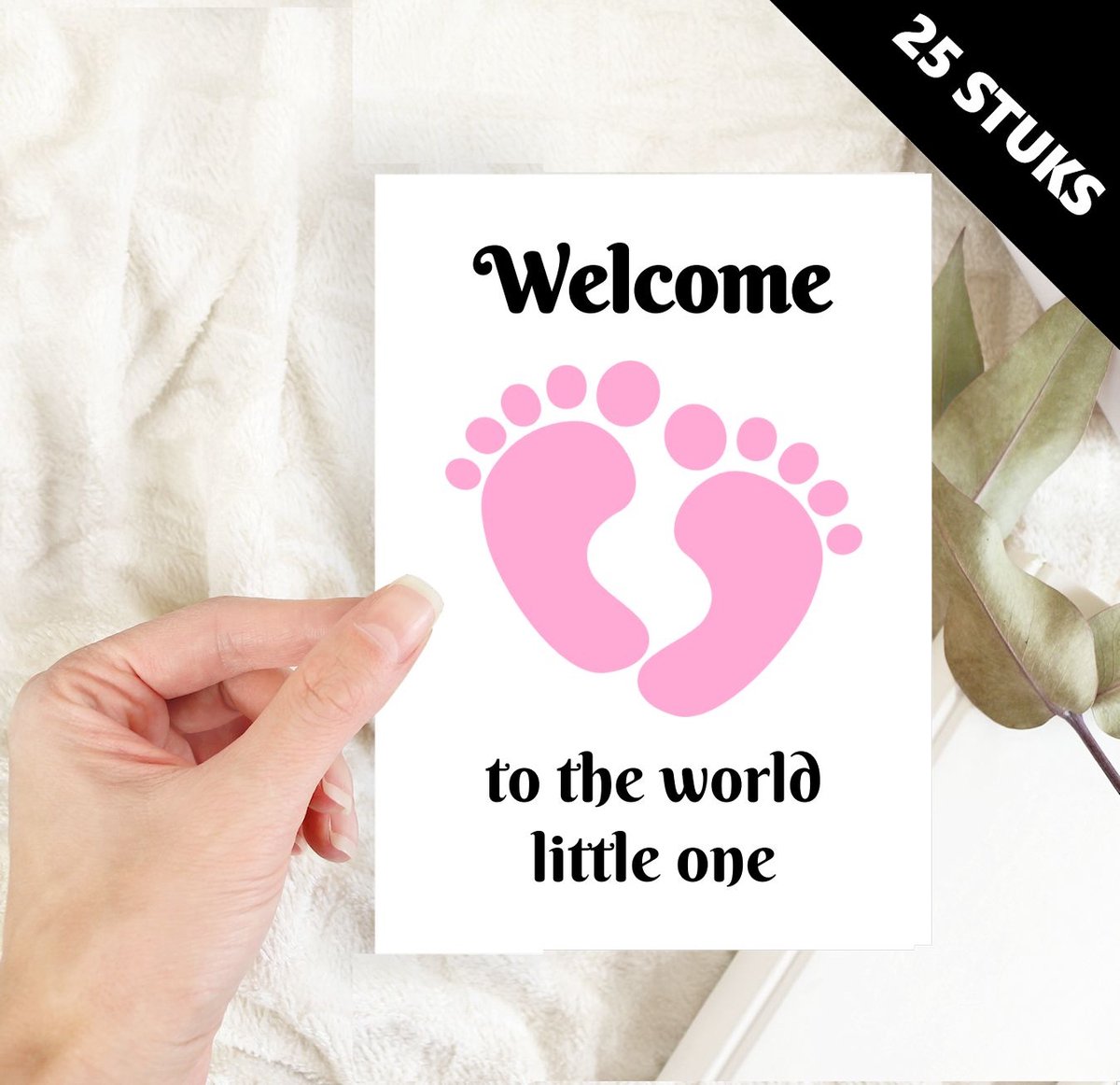 Baby geboortekaartjes ansichtkaarten welcome little one roze meisjes voetjes - 25 stuks A6 formaat enkele kaart excl. envelop - groothandel wholesale cadeau wenskaarten