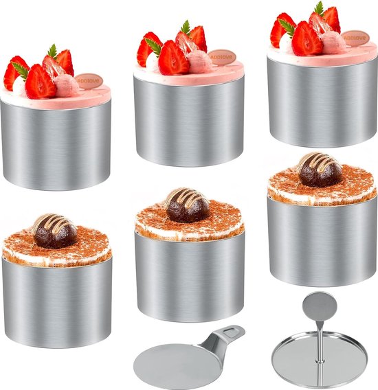 Lot De 6 Anneaux à Dessert En Acier Inoxydable - Cercles Pâtisserie Avec Presse Et Grattoir - 8x4 Cm