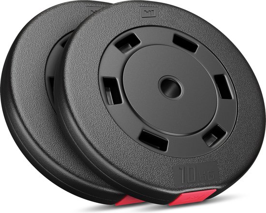 Twee zwarte halterschijven van 10 kg met rode accenten en een centraal gat van 30 mm.