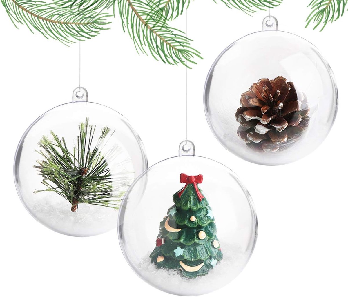 20 stuks kerstballen, kerstballen om te vullen, kerstballen, plastic, doorzichtig met veren, kristaldraad, sneeuwvlokken voor bruiloft, maling, kerstboomversiering (10 cm)