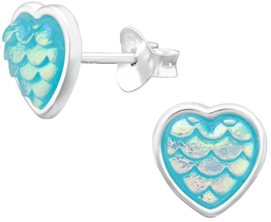 Joie|S - Boucles d'oreilles coeur en argent - avec écailles de sirène scintillantes bleues - 8 mm - boucles d'oreilles pour enfants