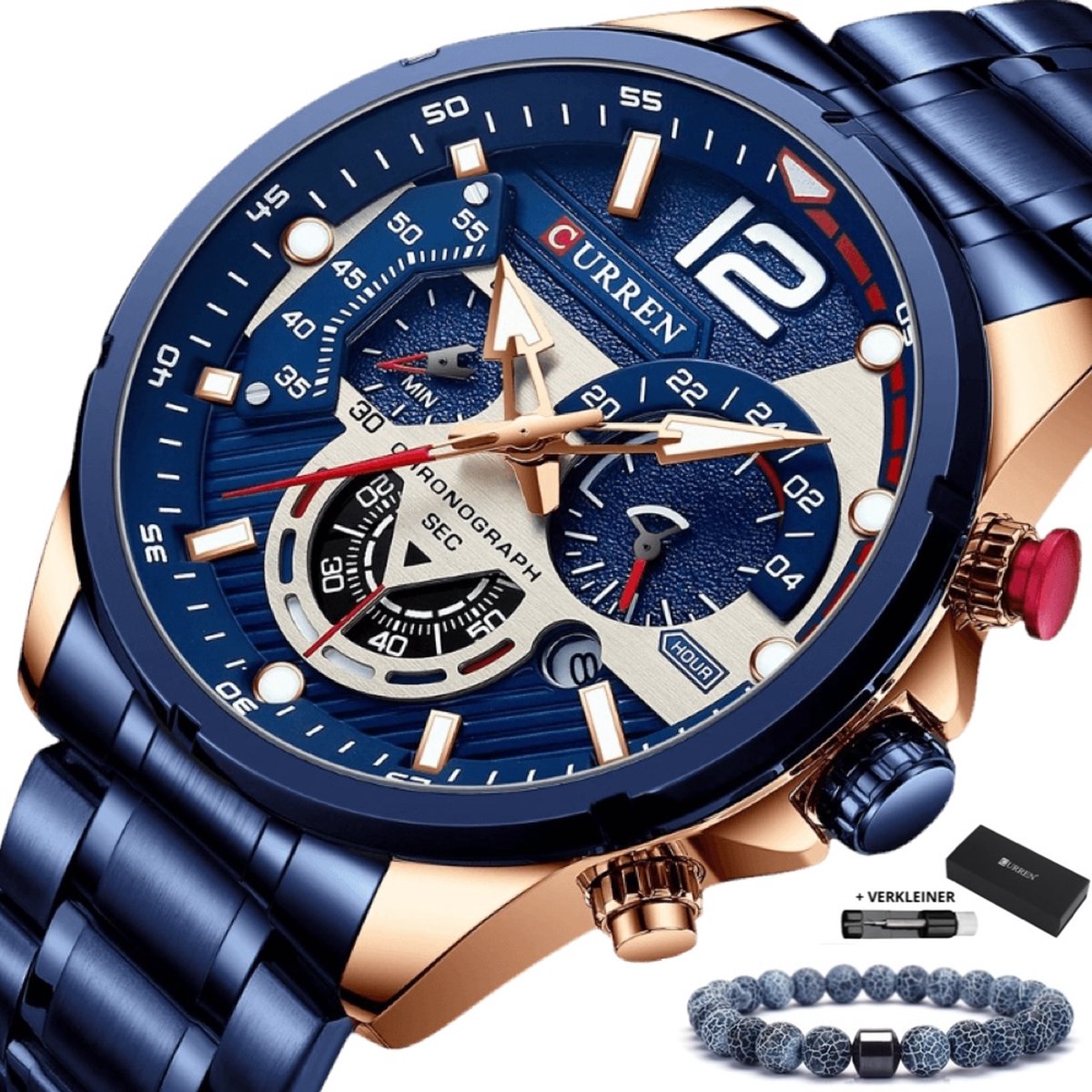 Curren - Horloge Heren - Cadeau voor Man - Horloges voor Mannen - 47 mm - Blauw Rosé
