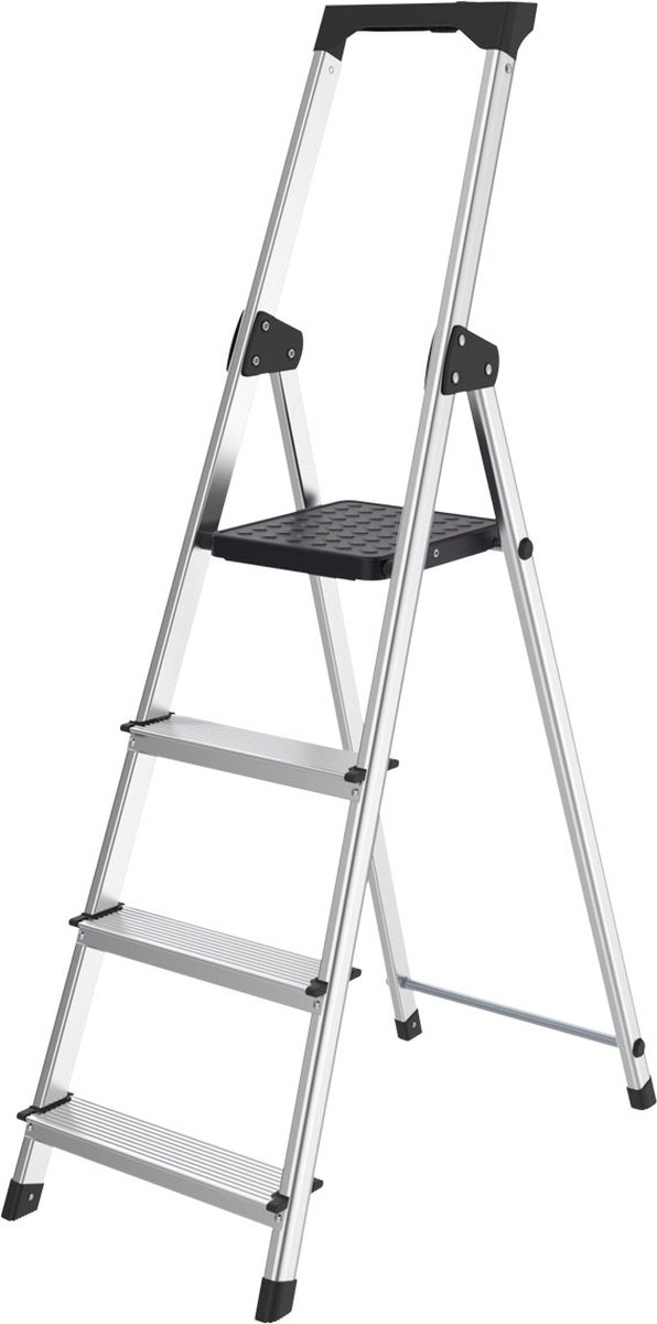BRASQ Huishoudtrap SL400 Zwart - keukentrap inklapbaar 4 -treden aluminium voor Particulier en professioneel gebruik - Trap Ladder - Anti slip