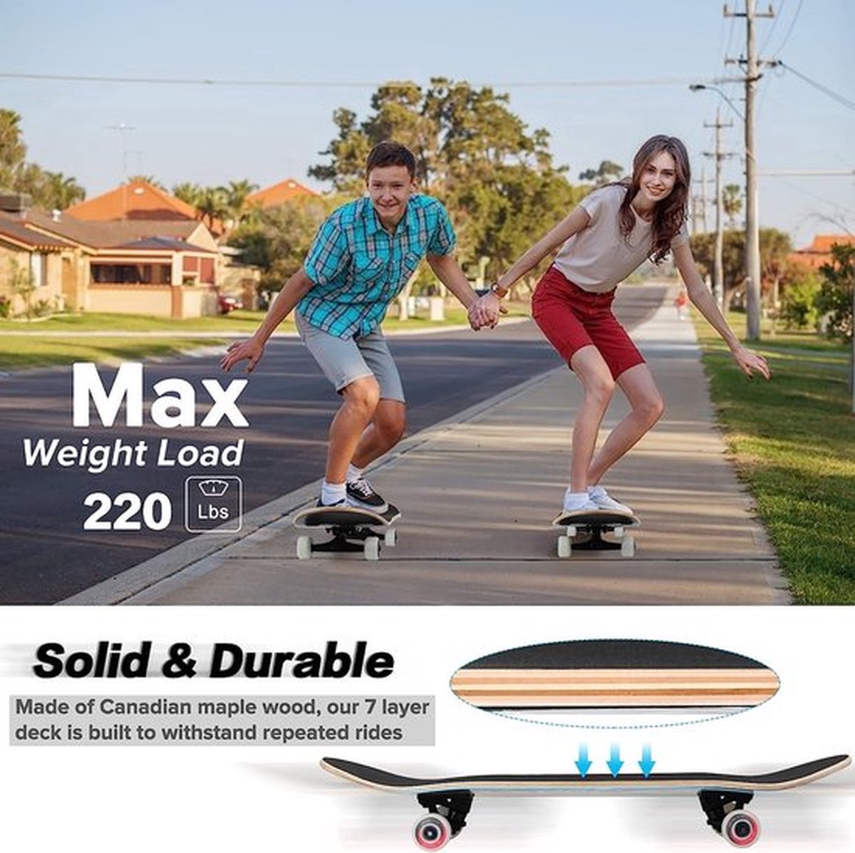 Suotu Skateboard - 80x20cm - ABEC-9 - 95A - schokabsorptie - Jongens - Meisjes - Volwassenen Skateboards — afbeelding 7