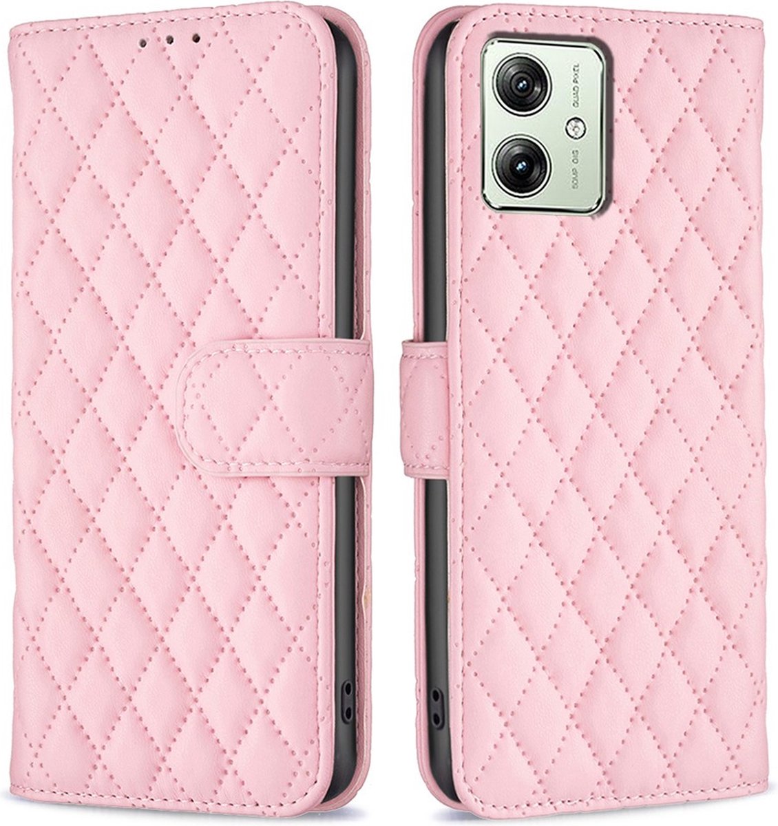 BINFEN Rhombus Book Case - Geschikt voor Motorola Moto G54 Hoesje - Pink