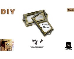 Bob Online - 4 Stuks – Brons Kleurig - Metalen Groot Rechthoekig Labelhouders 7 x 3.2 cm – Antieke Meubels Lade Kast Taghouders - Labelframes met 8 x Schroeven - Bibliotheek Labelhouders – Bronze Color – Rectangular – Metal Furniture Label Holders