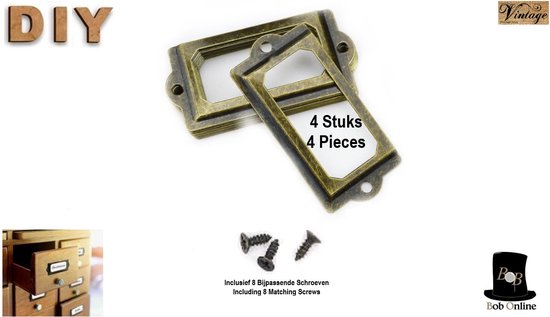 Bob Online - 4 Stuks – Brons Kleurig - Metalen Groot Rechthoekig Labelhouders 7 x 3.2 cm – Antieke Meubels Lade Kast Taghouders - Labelframes met 8 x Schroeven - Bibliotheek Labelhouders – Bronze Color – Rectangular – Metal Furniture Label Holders
