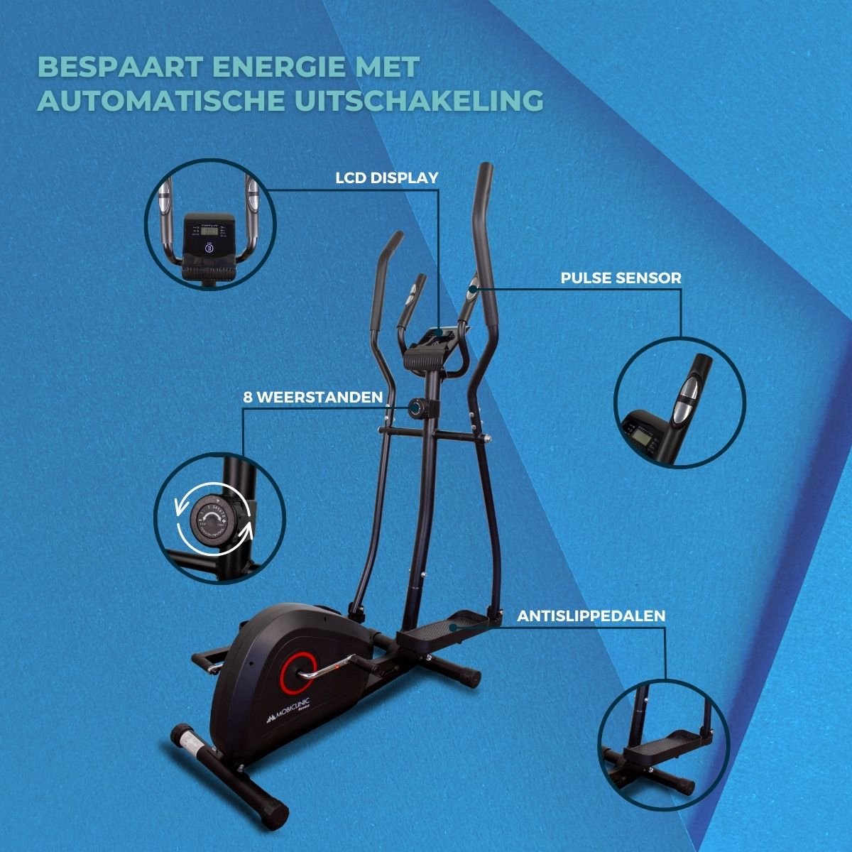 Afbeelding 3 van Mobiclinic ATLAS - Crosstrainer - 8 weerstandsniveaus - LCD scherm - Ergonomische handgrepen - Antislip pedalen - Inklapbare elliptische trainer - Tot 100 KG - Weerstand wiel 4KG