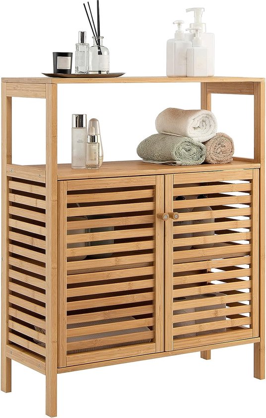 sogesfurniture BHEU KS YSG DM Badkamerkast, bijzetkast van bamboe met lamellendeur en open vak, opbergkast voor badkamer, woonkamer, keuken, 36 x 32,5 x 85 cm