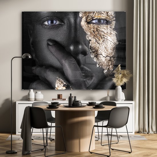 MuchoWow® Peinture sur verre 160x120 cm - Peinture sur verre acrylique - Femme - Or - Zwart - Maquillage - Luxe - Photo sur verre - Peintures