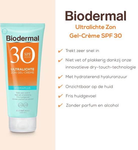 Lichtblauwe tube Biodermal Hydraplus ultralichte zon gel-crème SPF 30 met oranje '30 SPF HOOG' cirkel en productkenmerken rechts.