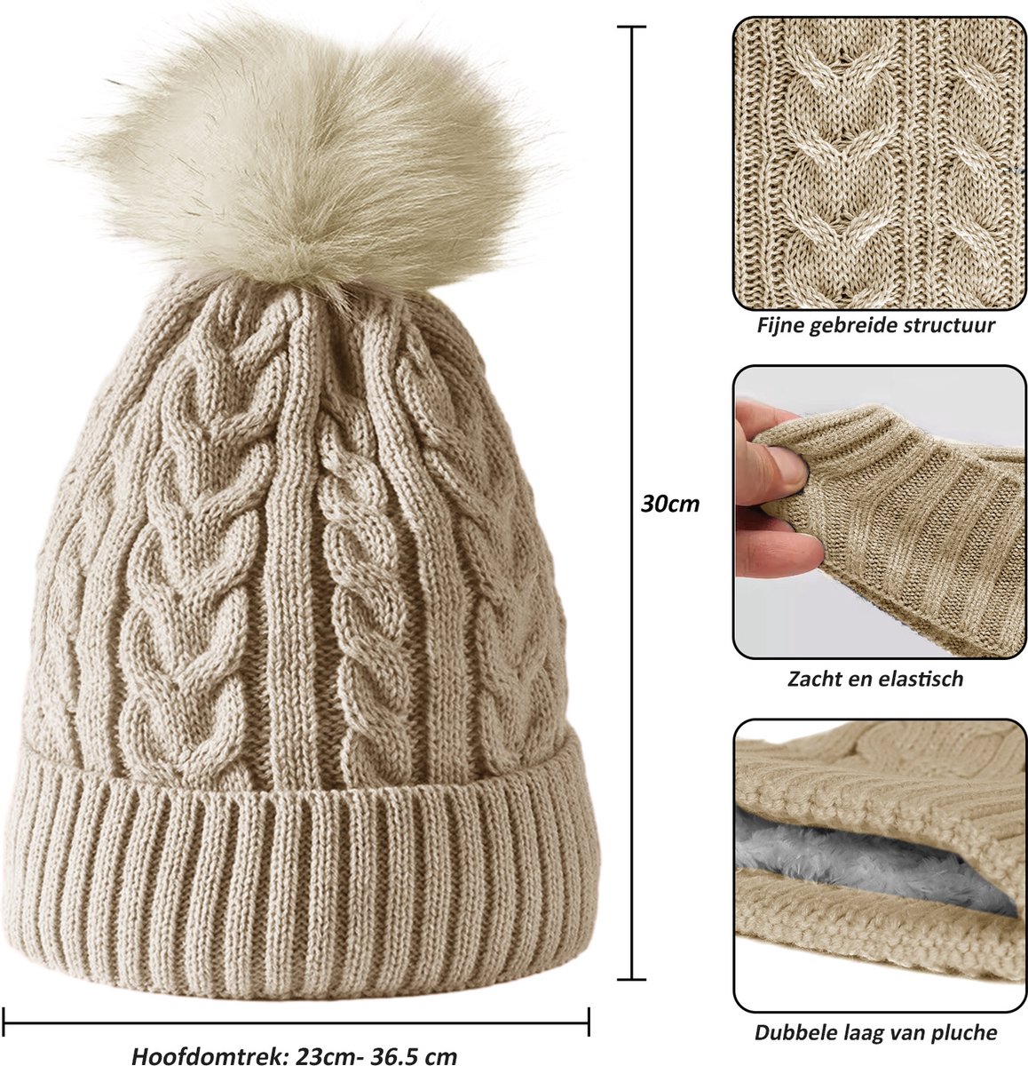 CALIYO Beanie Muts - Wintermuts Dames - Warme Mutsen met Imitatiebont Pompon - Gebreide Skimutsen - Gevoerd Wol - Beige — cadeau in Mode & Accessoires - foto 7
