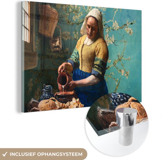 MuchoWow® Peinture sur verre - Melkmeisje - Fleur d'amandier - Van Gogh - Vermeer - Peinture - Maîtres anciens - 60x40 cm - Peintures sur verre acrylique - Photo sur Glas