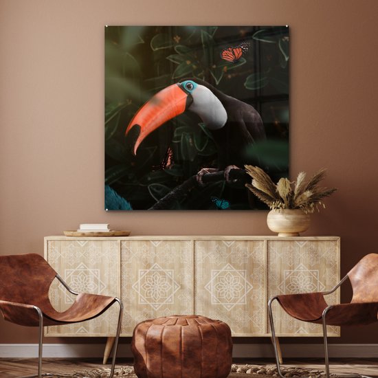 MuchoWow® Peinture sur verre 90x90 cm - Peinture sur verre - Toucan - Papillon - Feuilles - Photo sur verre acrylique - Peintures