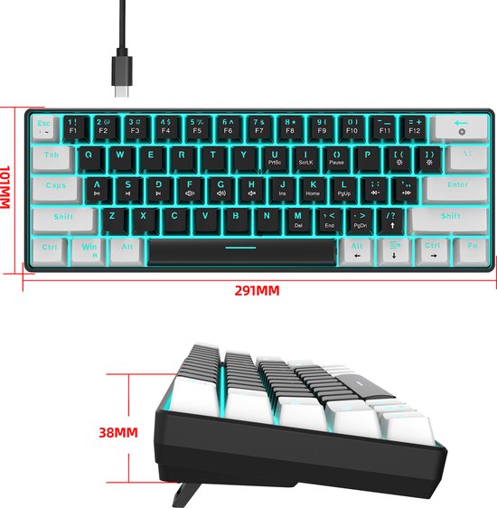 Zwart en wit mechanisch gaming toetsenbord, 61 toetsen, blauwe switches, QWERTY-indeling, RGB-verlichting, 291mm x 101mm x 38mm.