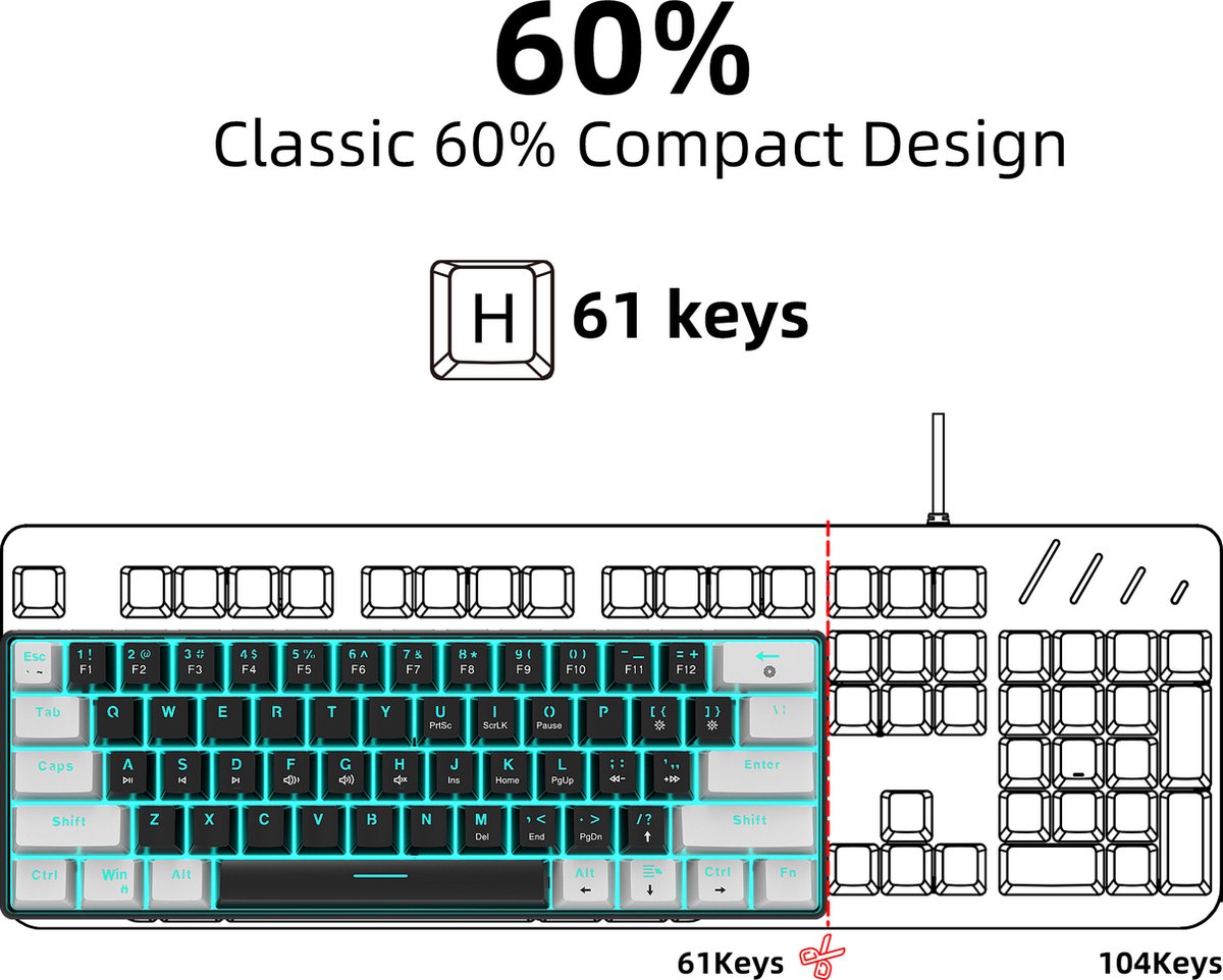 HXSJ V900 - Bedrade Gaming Toetsenbord - Mechanisch - Blue Switch - 61 Keys - QWERTY Toetsenborden - Zwart wit thumbnail 2