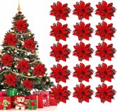 Poinsettia Kunstmatig Rood, Pakket van 15 Bloemen voor Kerstboom, Glitter Kerstbloemen Decoratie, Poinsettia Kunstbloemen voor Kerstboom Hanger Decoratie