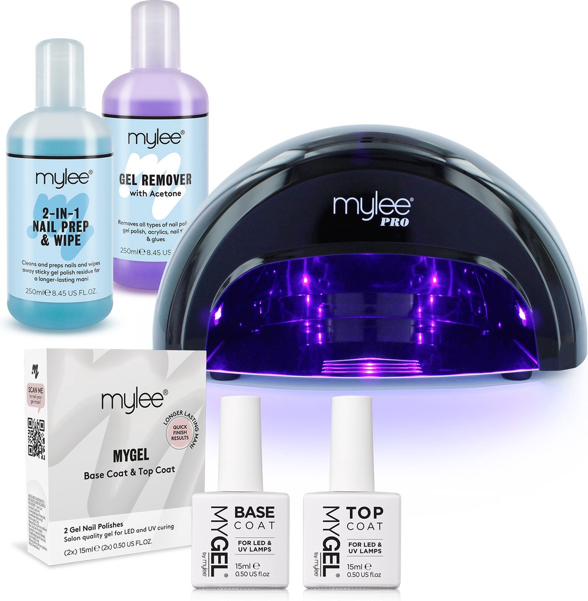 Mylee Gel Nagellak LED Lamp Set, Top & Base Coat, Mylee PRO LED-Lamp, Prep & Wipe en Gelremover