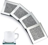 Set van 4 vierkante glazen onderzetters met gemalen diamanten voor koffie-/theekopjes