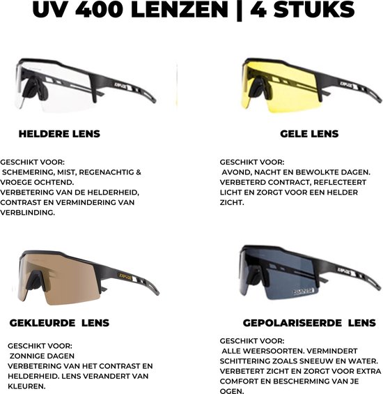 KAPVOE Sport Zonnebril - COMPLETE SET - 4 GLAZEN - Fietsbril - Sportbril - Mountainbike - Ski - Wintersport - Sneeuw - Polariserend - UV 400 - Nachtbril - Frame voor Zonnebril op Sterkte - Hoesje -Brillenkoker - Danes en Heren- Zwart goud van Kapvoe — afbeelding 4