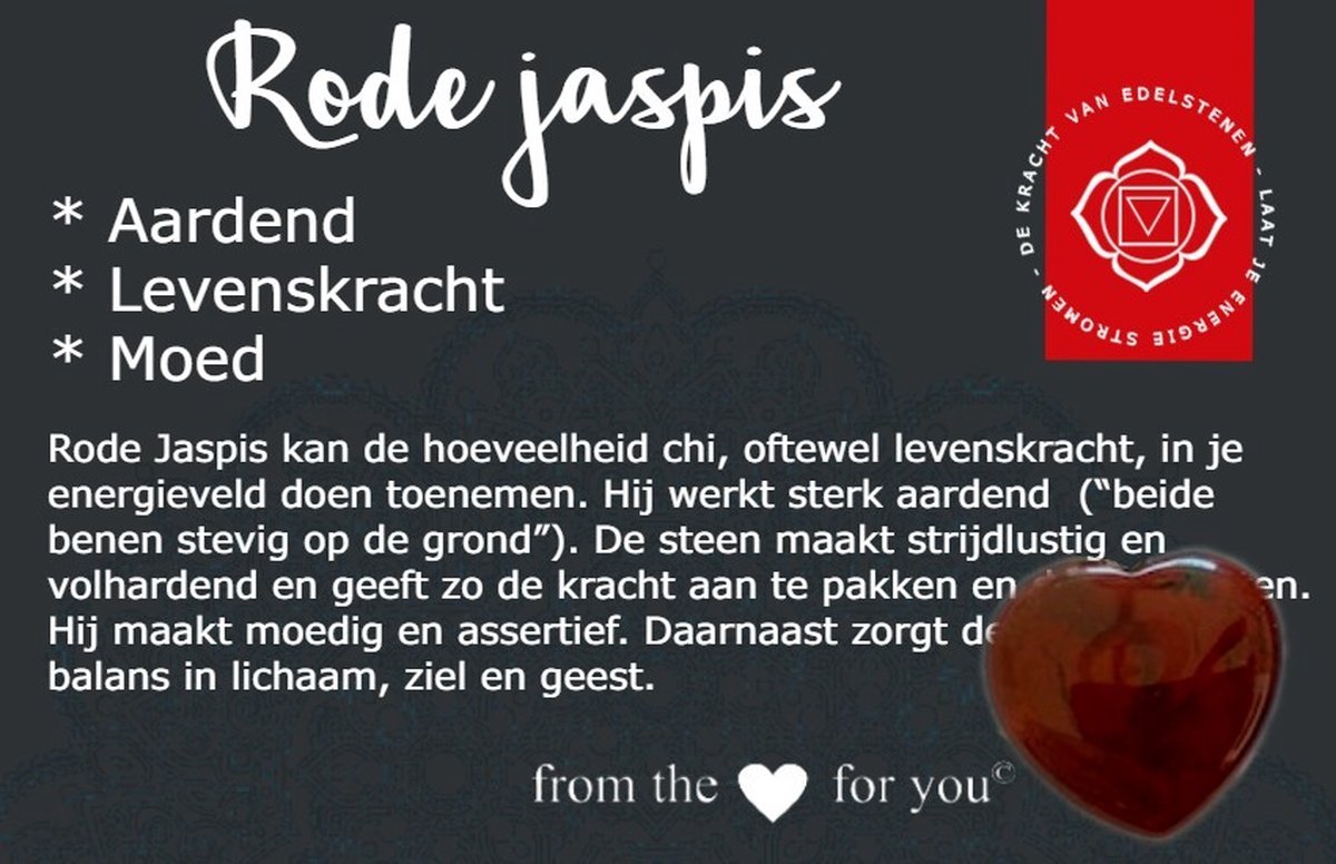 Edelsteen - rode Jaspis hart (2cm) - leuk cadeautje - met betekenis kaartje - in giftzakje - o.a. voor levenskracht en moed